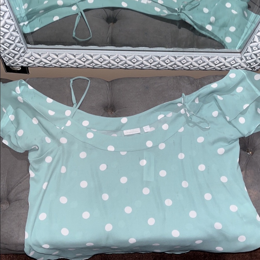 Aqua polka dot cold shoulder top